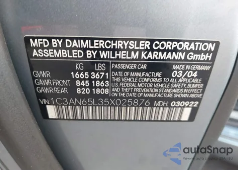 2005 Chrysler Crossfire Limited from USA, damaged, VIN 1C3AN65L35X025876